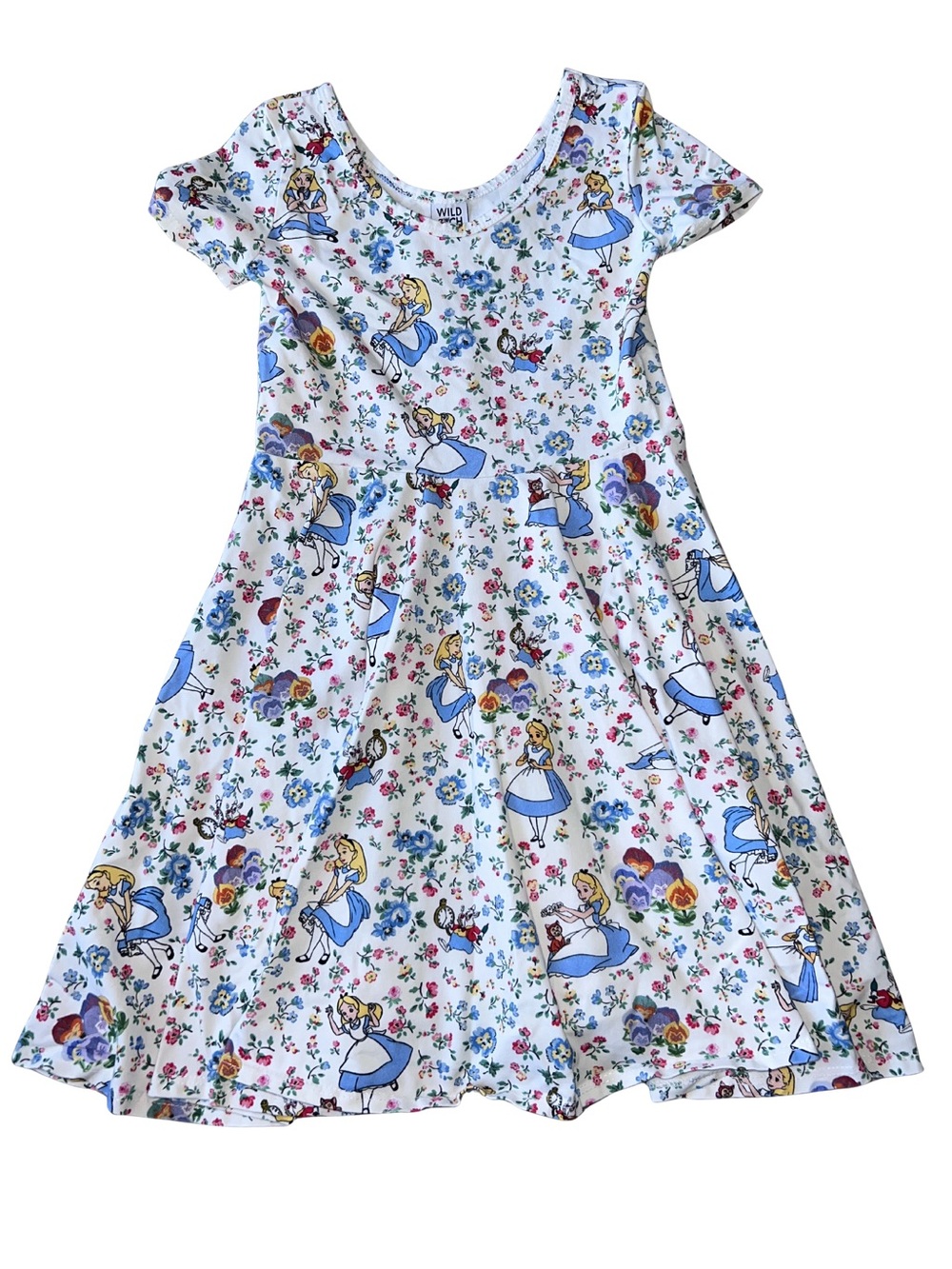 Alice in Wonderland Print Twirl Dress in White and Blue Wild Rich Kids